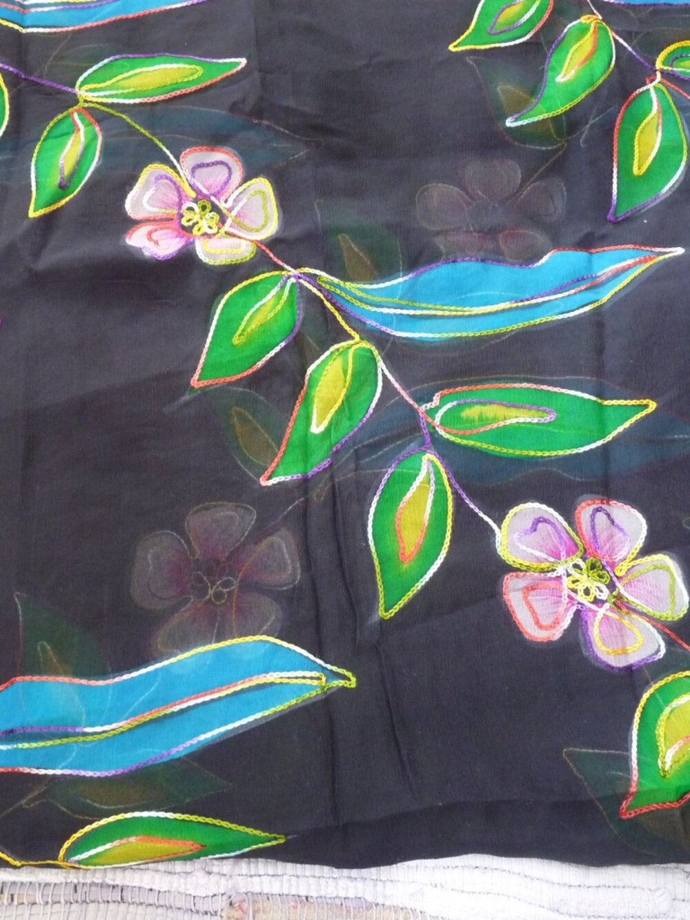 2 1/2 yds vintage embroidered silk floral fabric black semi sheer crape